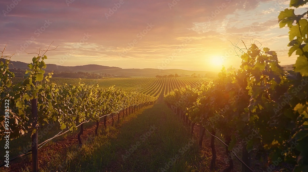 Fototapeta premium Sunset at a vineyard, distant sun, vines in fg, mountains bkgt