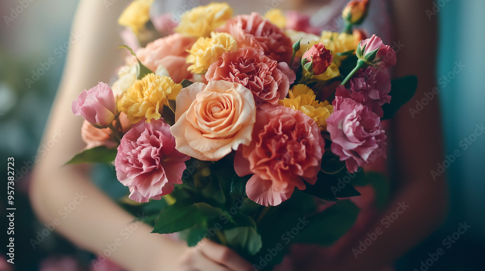Obraz premium Close-Up of Hands Holding a Colorful Flower Bouquet with Soft Natural Lighting