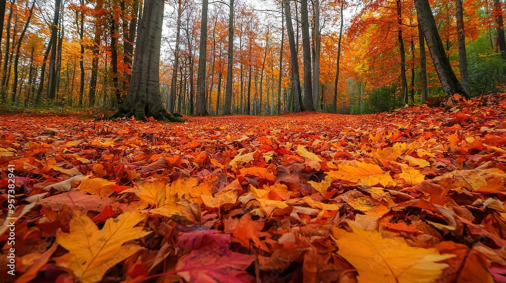 A cluster of fallen leaves scattered amidst the trees in a forest backdrop A cluster of fallen leaves scattered amidst the trees in a forest backdrop
