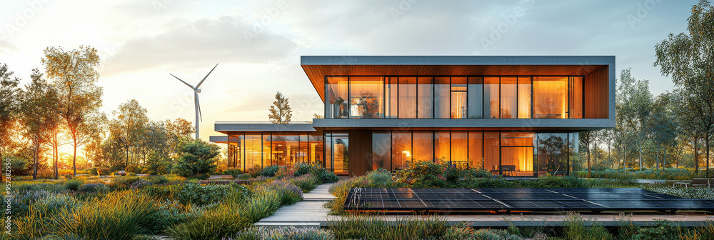 Obraz premium Modern sustainable home with solar panels and a wind turbine in the background, showcasing an eco-friendly lifestyle.