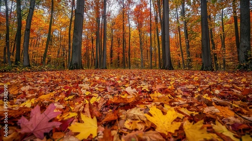  A lush forest brimming with trees draped in vibrant oranges and yellows, blanketing the leaf-strewn ground below