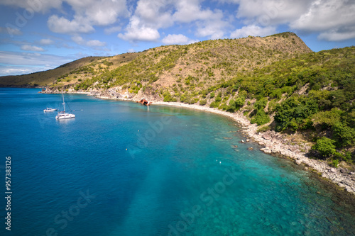 Aerial Drone photos of a sunken shipwreck off the coaast of St. Kitts in clear, tropical water