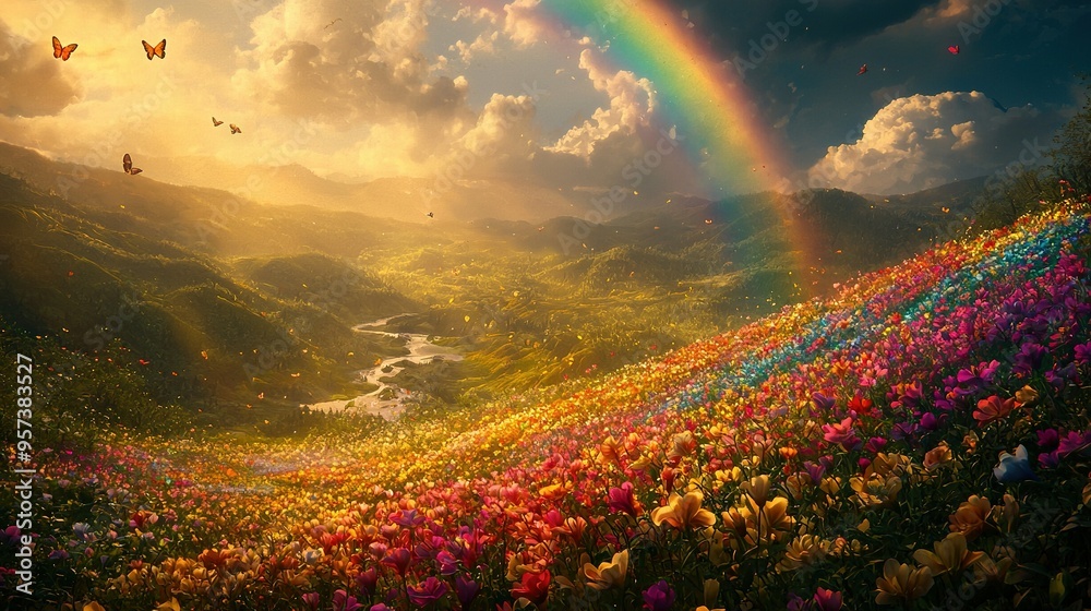 Obraz premium A rainbow spans the sky above a field of vibrant blooms, its colors reflected perfectly in a rainbow that stretches across the center of the field