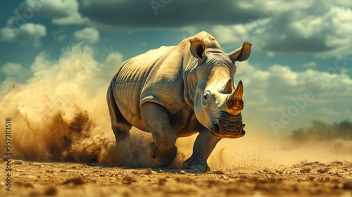 A rhino charging across a dry, cracked landscape