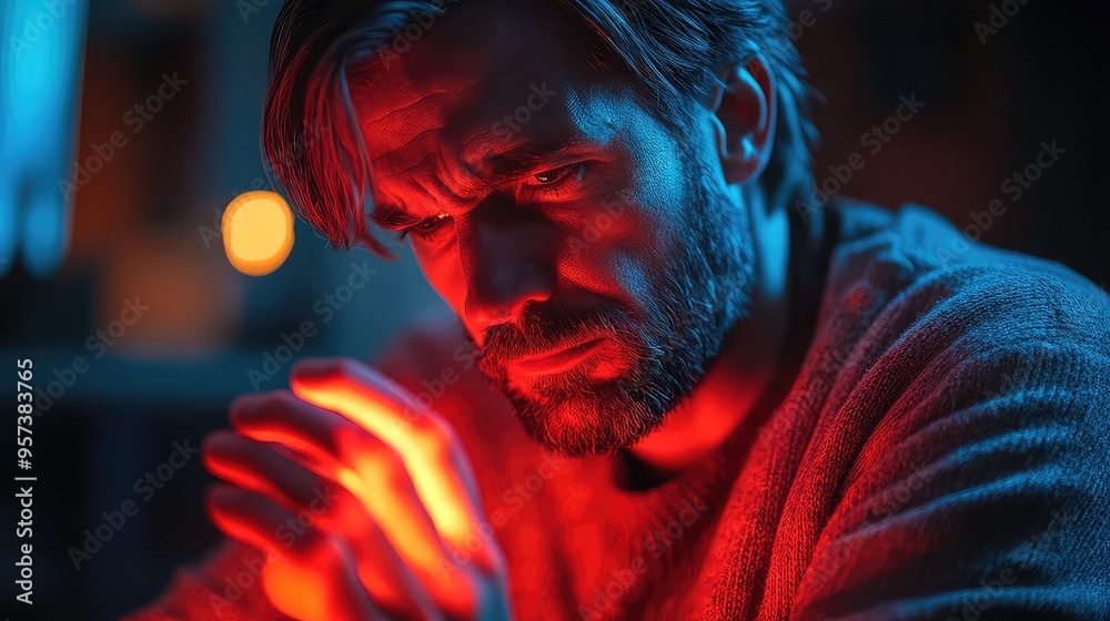 Man in Dimly Lit Room Experiencing Hand Pain Highlighted with Red Glow Man in Dimly Lit Room Experiencing Hand Pain Highlighted with Red Glow