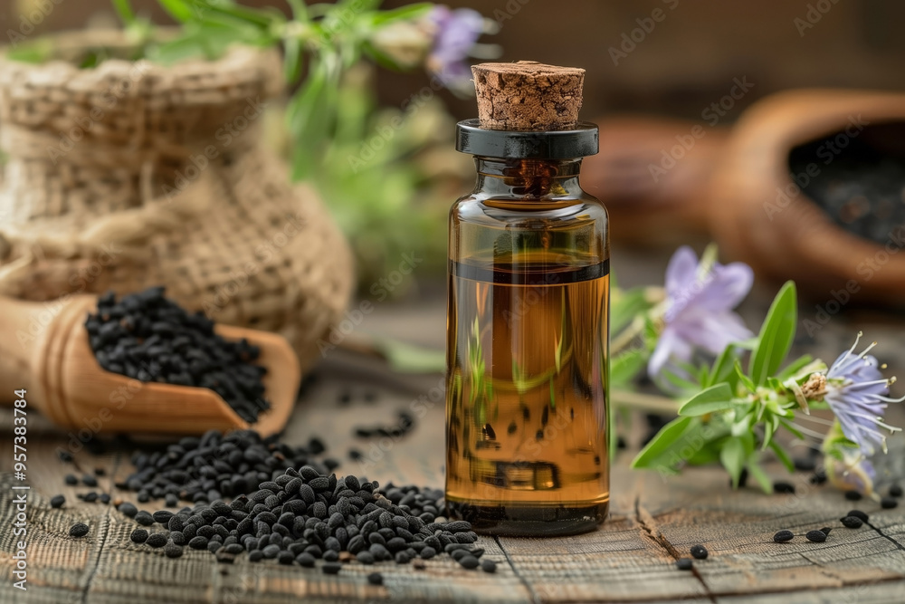 Ampoule of black cumin oil and cumin flowers on a wooden tray. Generated AI Ampoule of black cumin oil and cumin flowers on a wooden tray. Generated AI