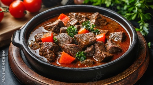 The national cuisine of Hungary: Beef in Hungarian.