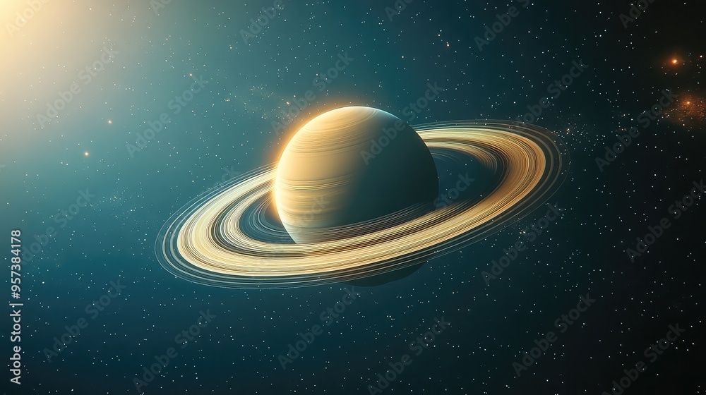 Stylized Depiction of a Planet with Rings, Possibly Saturn, Accompanied by a Moon and Set Against a Starry Background Stylized Depiction of a Planet with Rings, Possibly Saturn, Accompanied by a Moon and Set Against a Starry Background