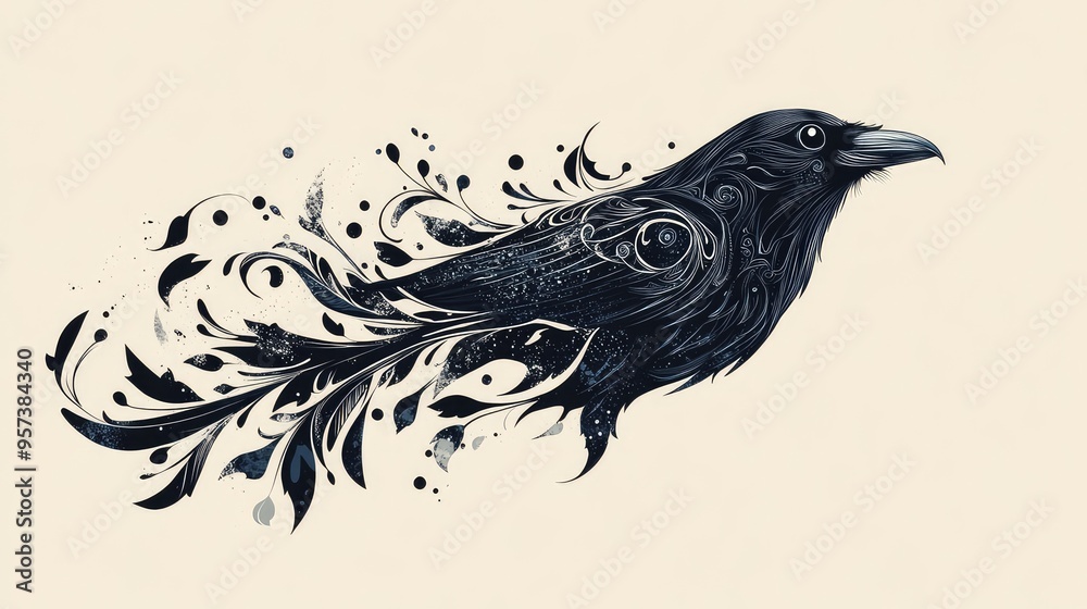 Fototapeta premium Intricate Silhouette of a Raven or Crow with Detailed Feather Patterns in Stylized Representation