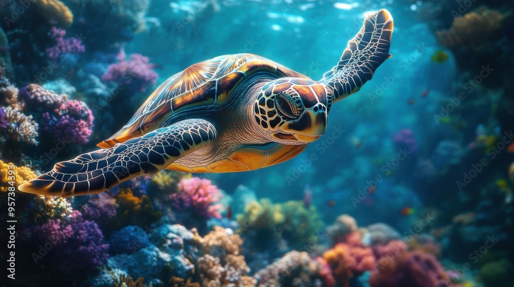 Obraz premium A turtle swimming gracefully through a coral reef