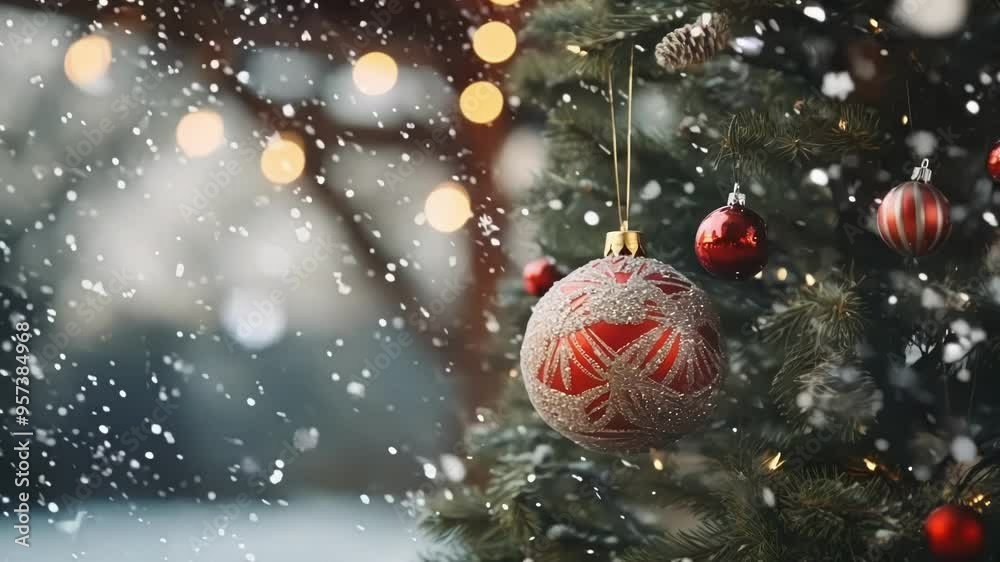 Red and silver christmas ornament hangs on a festive tree, surrounded by twinkling lights and falling snowflakes, creating a cozy holiday atmosphere