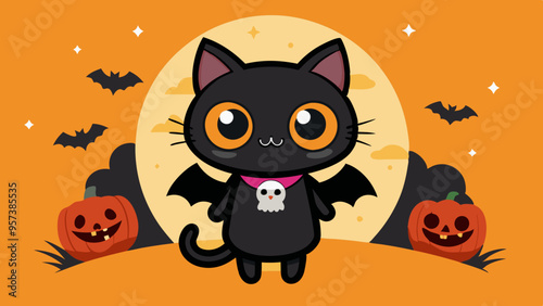 Black cute cat character at Happy Halloween background. Party invitation promotion. 