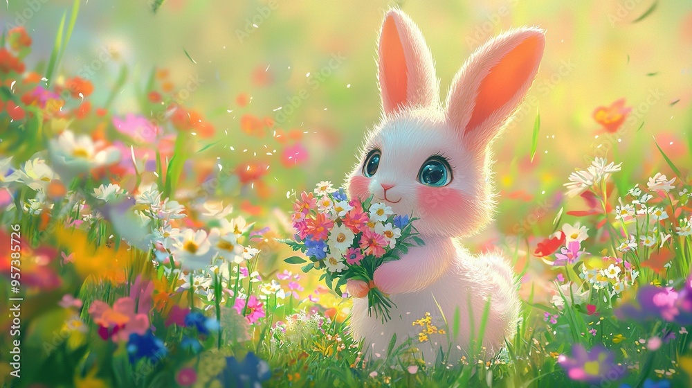 A bunny holds a bouquet as daisies and wildflowers surround it, with the sun brightening the scene A bunny holds a bouquet as daisies and wildflowers surround it, with the sun brightening the scene