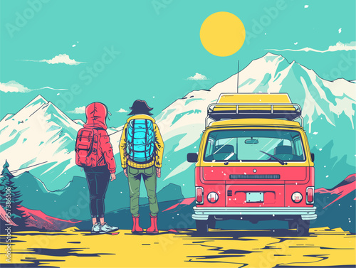 Cartoon Illustration: Cinematic Storyboard Enchanting Storytelling Journey Through Bold Lines and Colors in a Flat Background