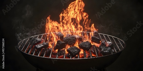 Hot empty portable barbecue BBQ grill with flaming fire, Waiting for the placement of your food