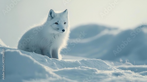  A white fox is perched atop a hill covered in snow, surrounded by piles