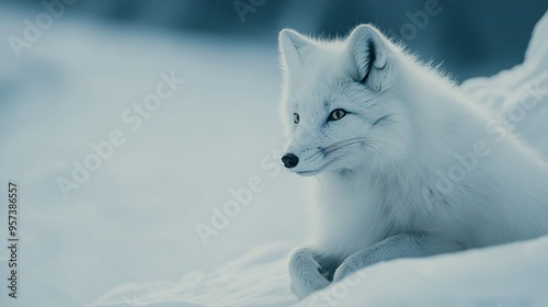  A white fox sits in the snow, turning its head to the right with wide-open eyes, gazing off into the distance