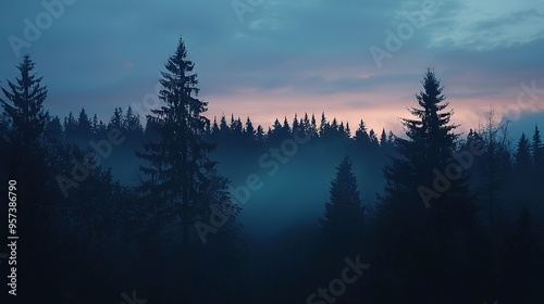  A dense forest with towering trees beneath an overcast sky and a vibrant pink and blue backdrop
