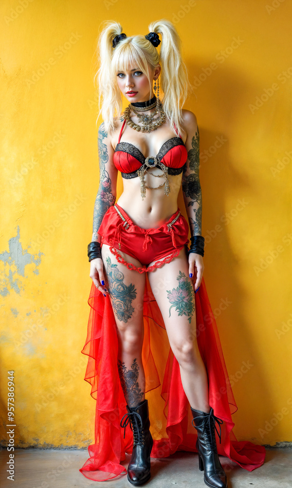 The goth woman poses with confidence in a vibrant red outfit that accentuates her tattoos, set against a bright yellow background. Her playful style combines edgy fashion with individual flair. The goth woman poses with confidence in a vibrant red outfit that accentuates her tattoos, set against a bright yellow background. Her playful style combines edgy fashion with individual flair.