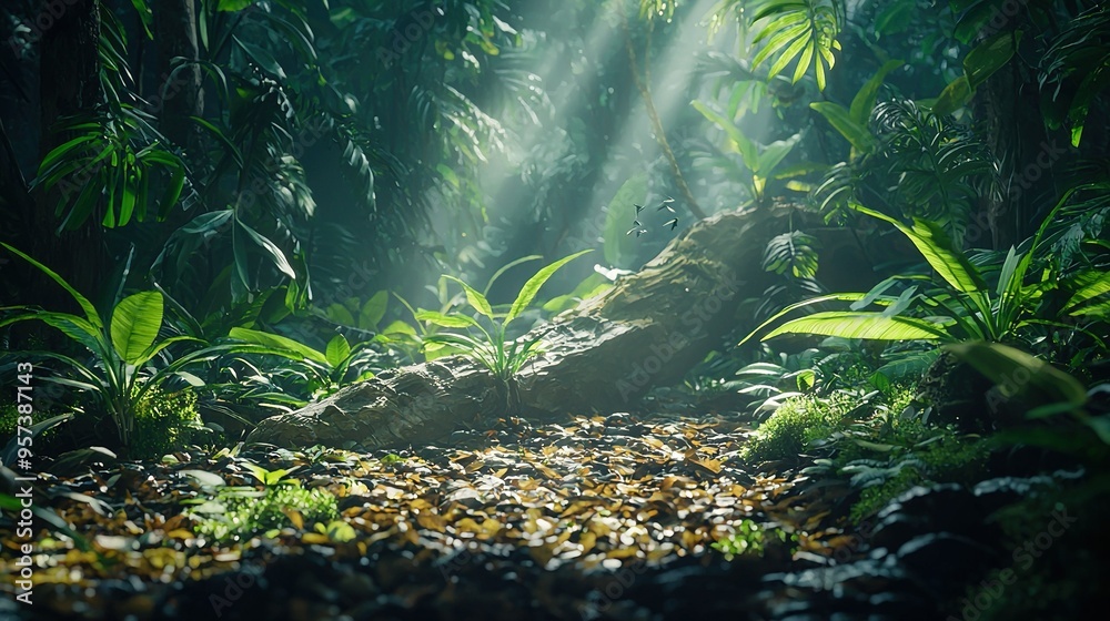   A sunbeam pierces through the heart of the dense foliage, casting its golden rays upon a fallen tree trunk