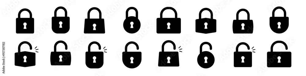Lock icon set. Silhouette style.