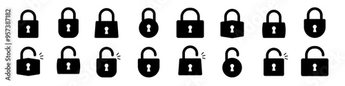 Lock icon set. Silhouette style.