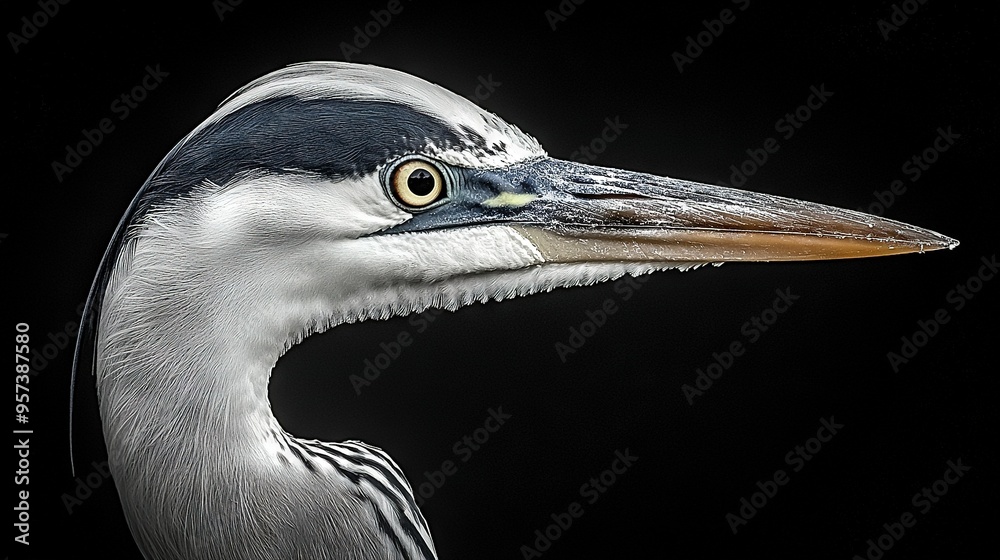   A bird's head in sharp focus against a black backdrop, featuring a white stripe on its neck
