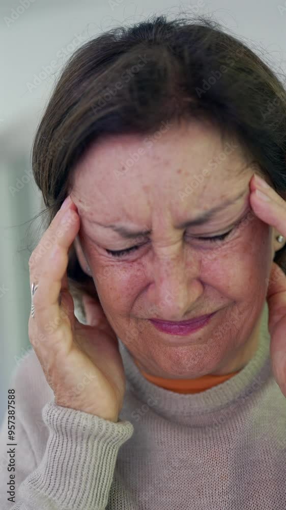 Older woman holding her head with both hands, visibly distressed and grimacing from pain. intense discomfort and strain, highlighting the emotional and physical toll of a headache Older woman holding her head with both hands, visibly distressed and grimacing from pain. intense discomfort and strain, highlighting the emotional and physical toll of a headache
