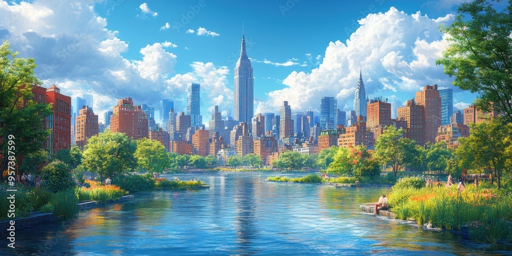 Fototapeta premium amazing a city skyline with a a cityscape featuring a towering skyscraper a bustling street and a serene river flowing through it png