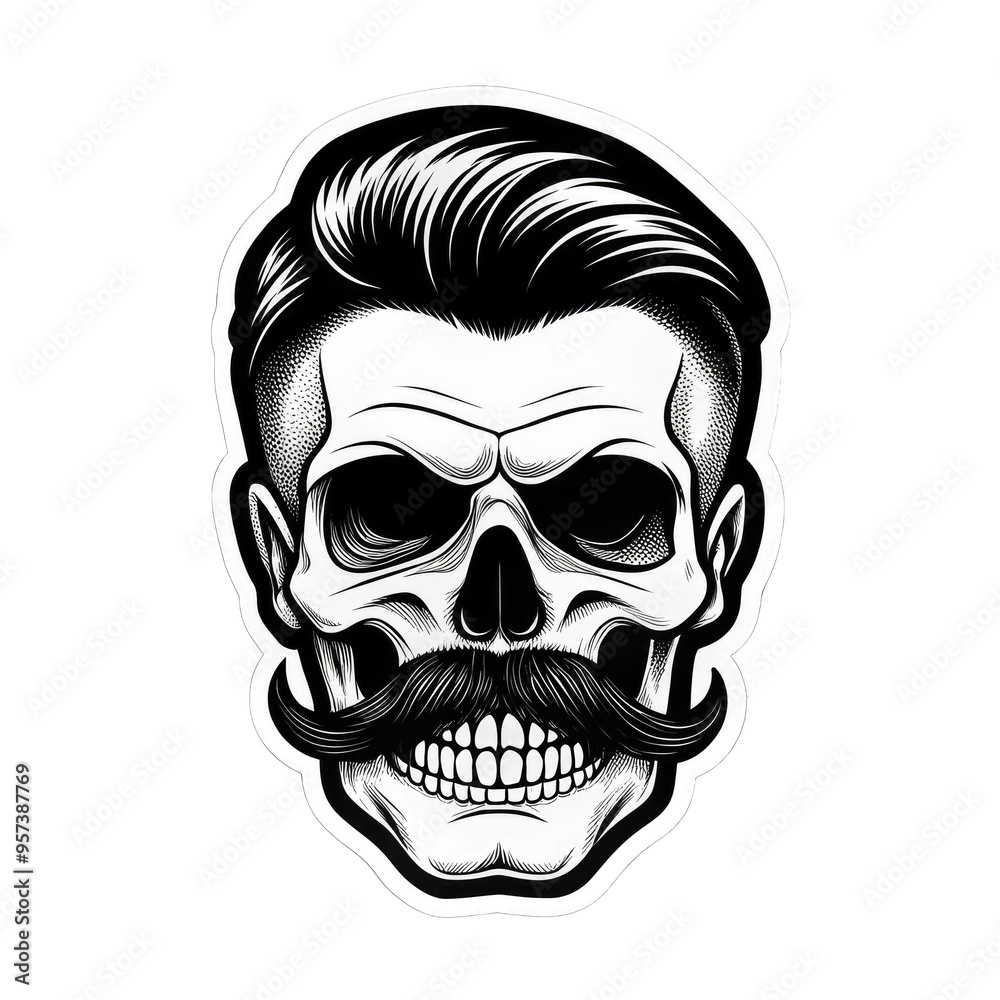 A strikingly detailed pop art sticker of a DJ skull adorned with a handlebar mustache and a stylish posh undercut haircut against a solid black background. Intricate Pop Art Sticker of DJ Skull with A strikingly detailed pop art sticker of a DJ skull adorned with a handlebar mustache and a stylish posh undercut haircut against a solid black background. Intricate Pop Art Sticker of DJ Skull with