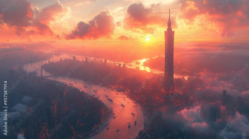 Fototapeta premium Amazing a city skyline with a a cityscape featuring a towering skyscraper a bustling street and a serene river flowing through it