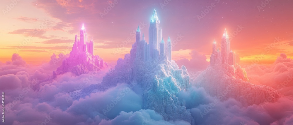 Obraz premium Emerald Cave with a majestic white stone castle, glowing under a rainbow of light, dreamlike visuals with soft sculptures and cartoonish design, reflecting rainbow luster, 3D rendering, soft gradients