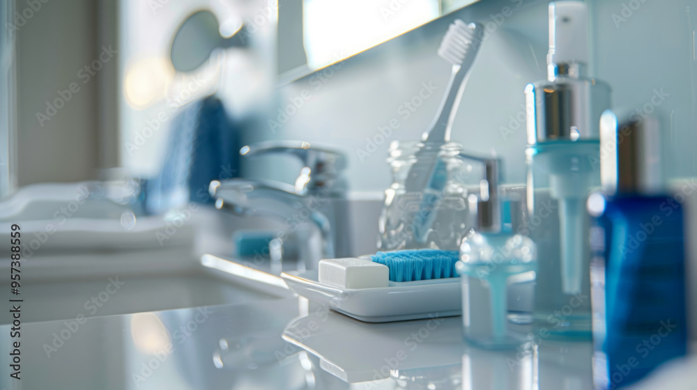 Close-up view of dental care products and accessories in modern bathroom setting Close-up view of dental care products and accessories in modern bathroom setting