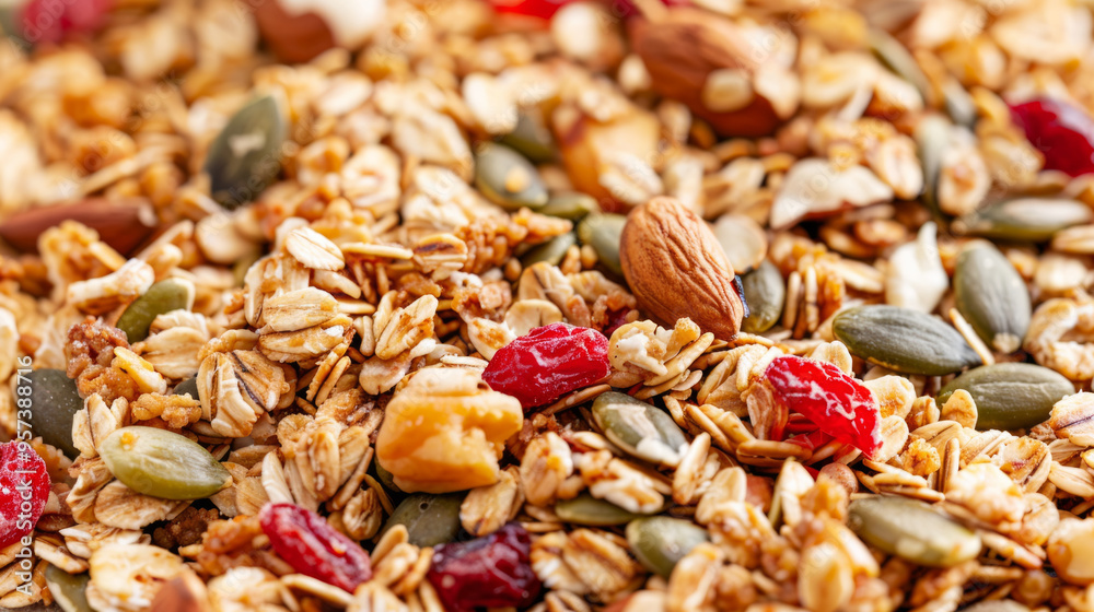 Close-up view of crunchy granola clusters with sunflower seeds and dried fruits on wooden surface Close-up view of crunchy granola clusters with sunflower seeds and dried fruits on wooden surface