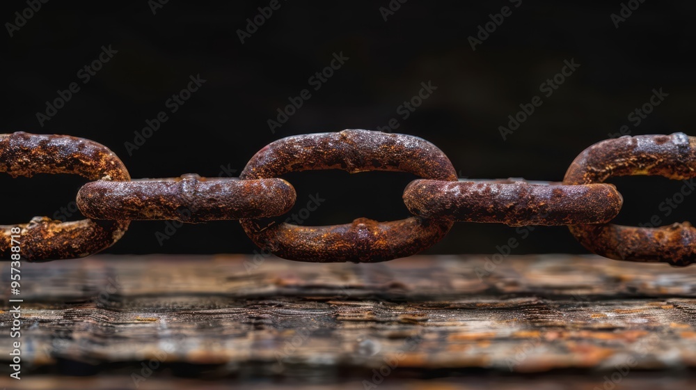 Obraz premium Blockchain Bond: Rusty Chain on a Wooden Table, Echoing the Secure Links of Blockchain Networks