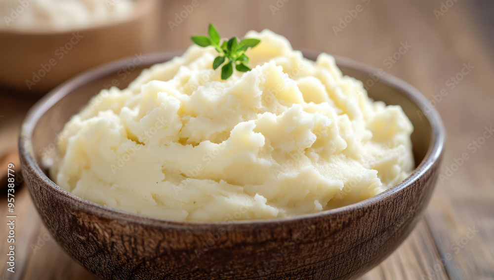 Homemade mashed potatoes in a rustic bowl on a wooden table Homemade mashed potatoes in a rustic bowl on a wooden table