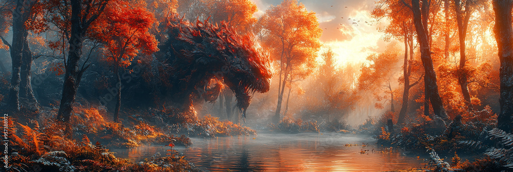 A menacing dragon lurks in a misty autumn forest, its fiery scales blending with the vibrant foliage. A menacing dragon lurks in a misty autumn forest, its fiery scales blending with the vibrant foliage.