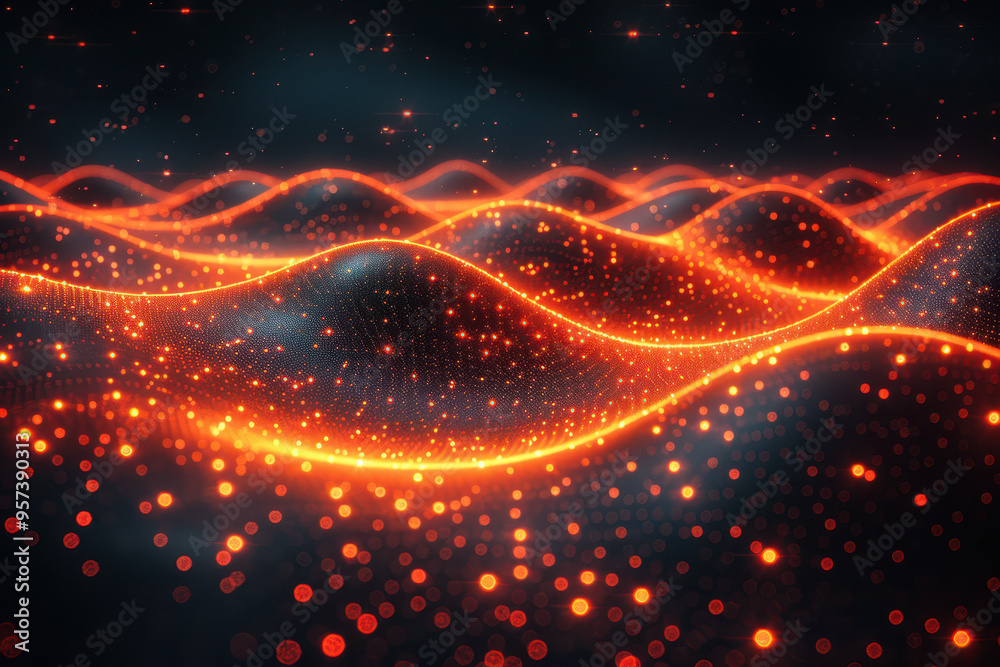 Abstract background with a wave of dots and lines, a gradient for a digital technology concept. Abstract dark vector wavy landscape. Background banner for posters.