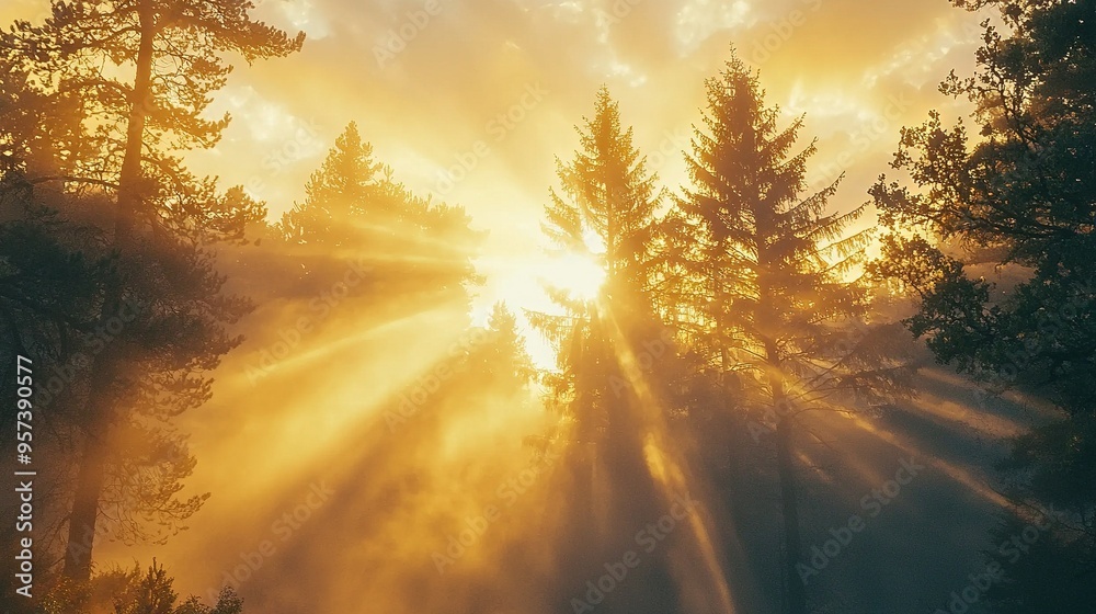 In a sunny day, the sun shines through the trees in a foggy forest In a sunny day, the sun shines through the trees in a foggy forest