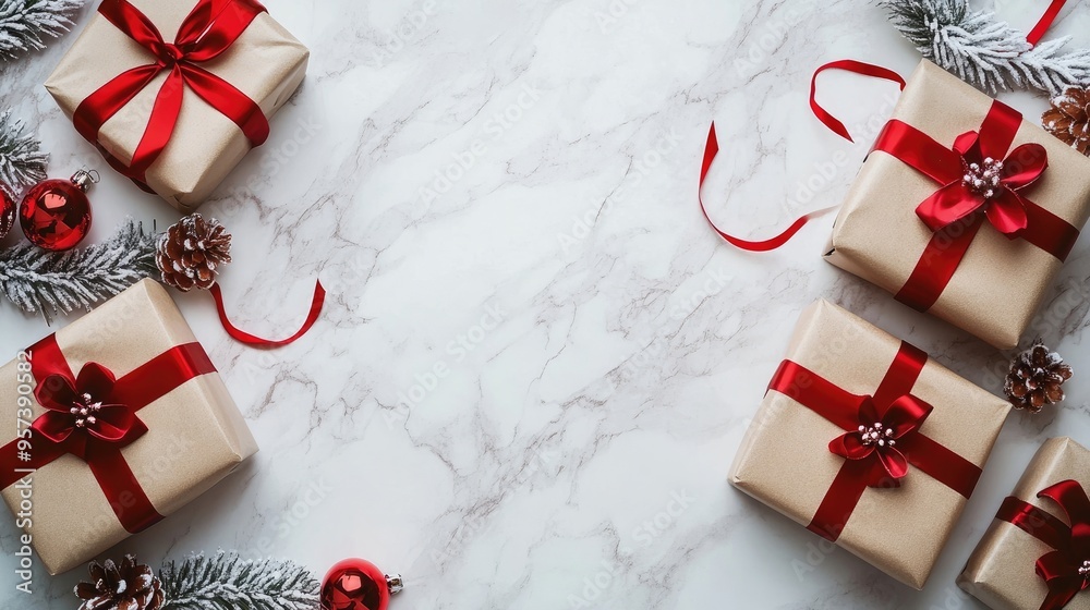 Christmas and New Year holiday background Xmas greeting card Christmas gifts on white marble background top view Flat lay Christmas and New Year holiday background Xmas greeting card Christmas gifts on white marble background top view Flat lay