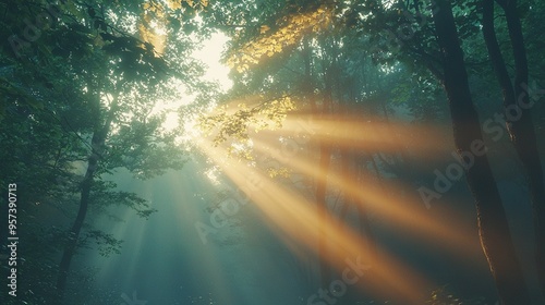  Bright sunlight filters through the trees in a green, leafy forest, creating a misty atmosphere