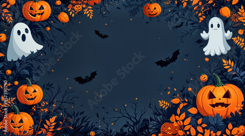 Halloween poster template illustration with pumpkins, bats, ghosts	
