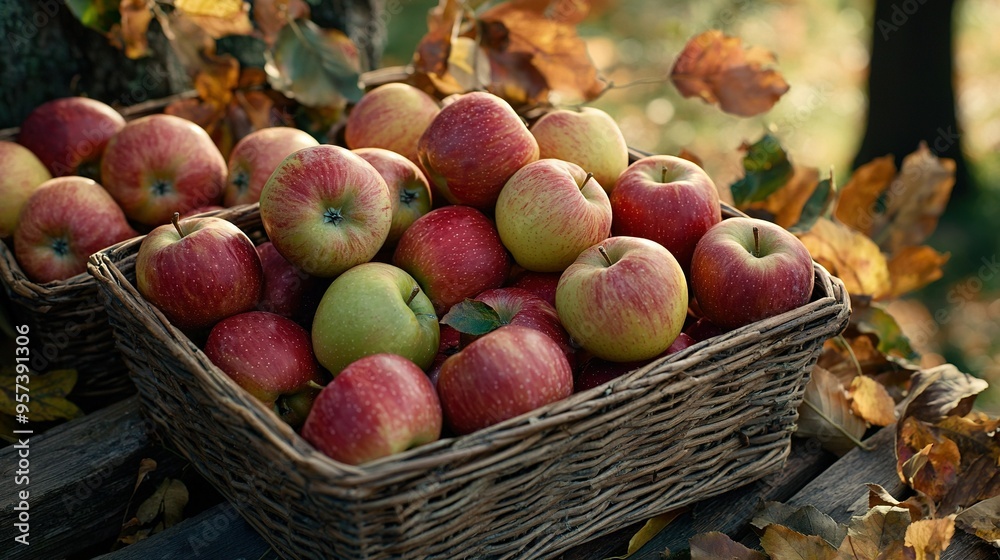 Basket of red and green apples atop wooden table near yellow and green leaves Basket of red and green apples atop wooden table near yellow and green leaves