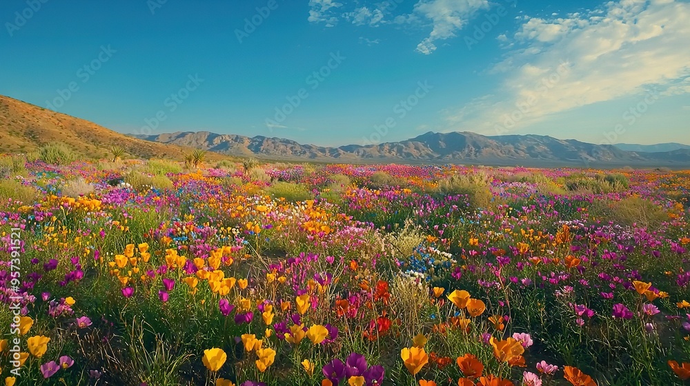 Fototapeta premium A field brimming with wildflowers against a mountainous backdrop, framed by a cloud-streaked blue sky