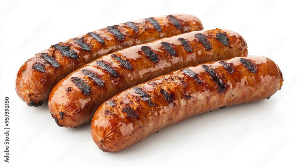 Grilled Bavarian sausages, set against a plain white background. Grilled Bavarian sausages, set against a plain white background.