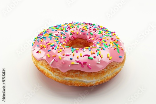 Donut in pink glaze with colored sprinkles. Isolated on a white background.