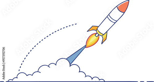 continuous single line drawing of Missile rocket launch with fire and smoke trail , line art vector illustration