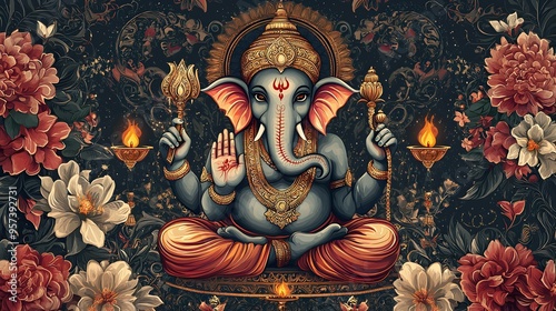 Lord Ganesha Sitting with Floral Background and Ornate Decor