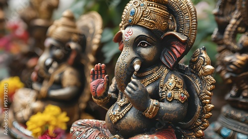 Closeup of Ganesha Statue with Golden Accents and Jewels