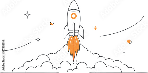continuous single line drawing of Missile rocket launch with fire and smoke trail , line art vector illustration